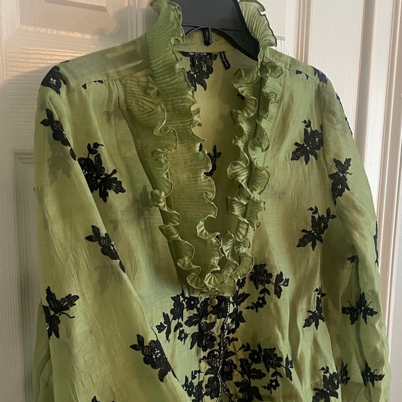 NIC+ZOE Olive Green Ruffle V-Neck Blouse with Black Floral Embroidery - Picture 5 of 8